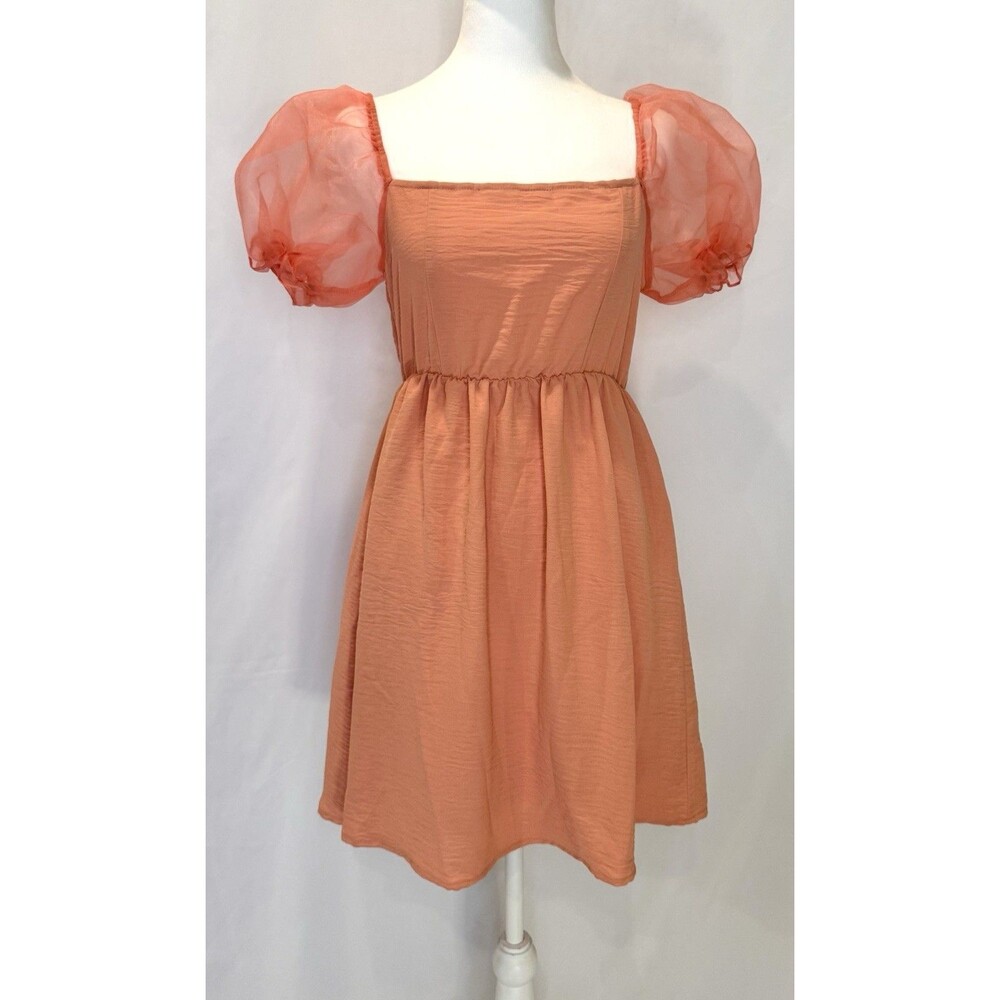 Peach Love California Dress Womens Small Coral Square Neck Puff Sleeve Mini